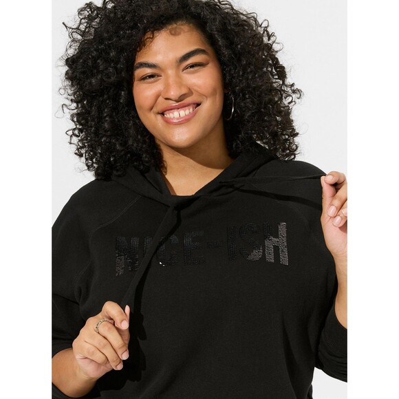 NWT Torrid 0 Deep Black Sequin Nice-Ish Classic Fit Cozy Fleece Pullover Hoodie - Picture 3 of 8